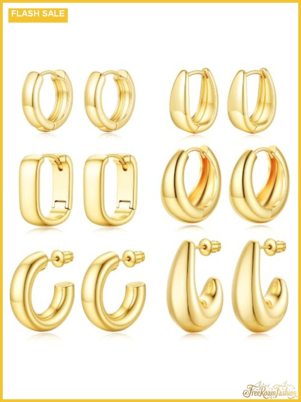 Chunky Huggie Hoop Earrings Set 6 Pairs Gold Silver Hypoallergenic